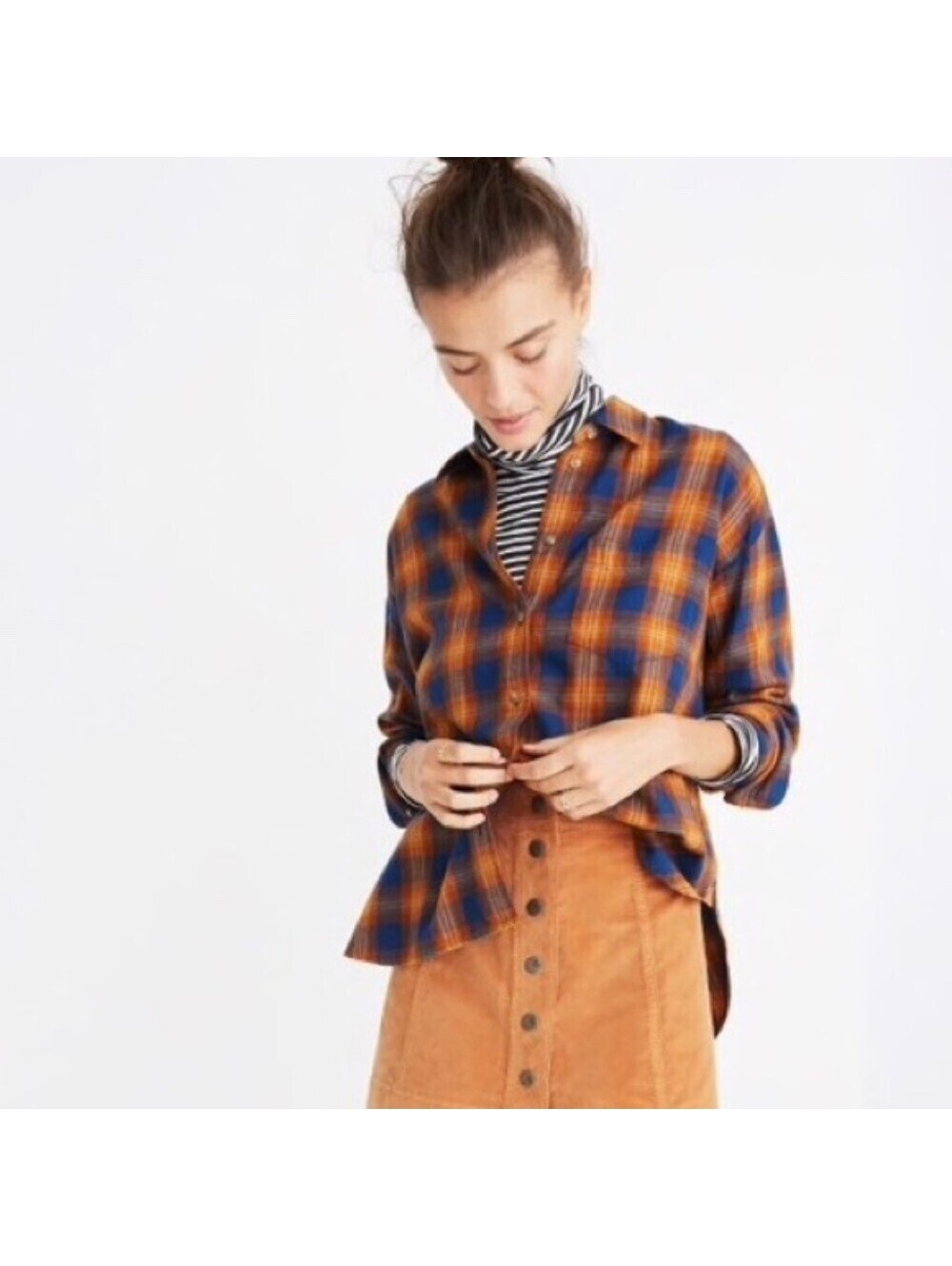 Madewell Navy and Orange Plaid Shirt Size Medium